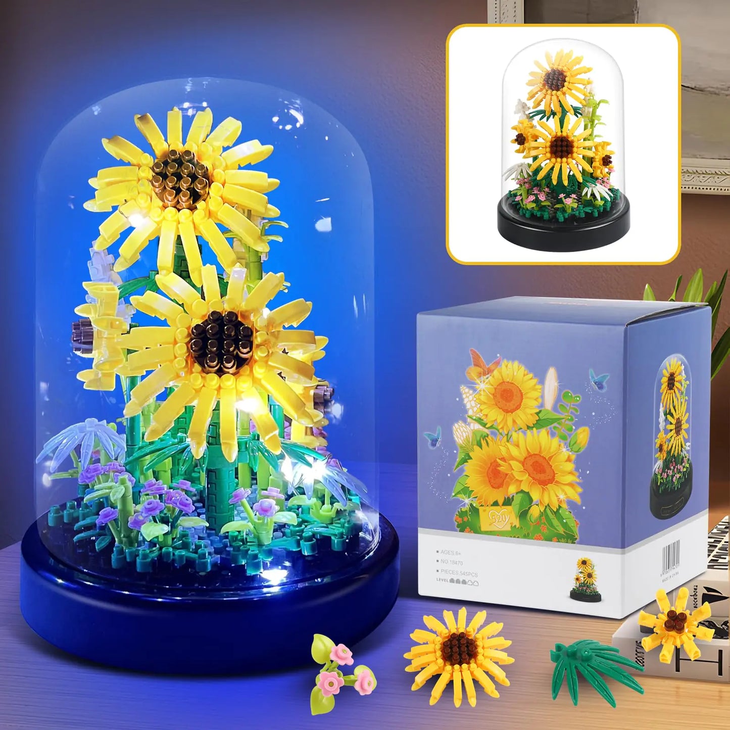 ZQJKLE Sunflwer Building Set with LED String Light and Dust Cover 545 Pcs Sunflower Flower Bouquet Building Set Gifts for Mothers Day Valentines Day Birthday Anniversary Christmas